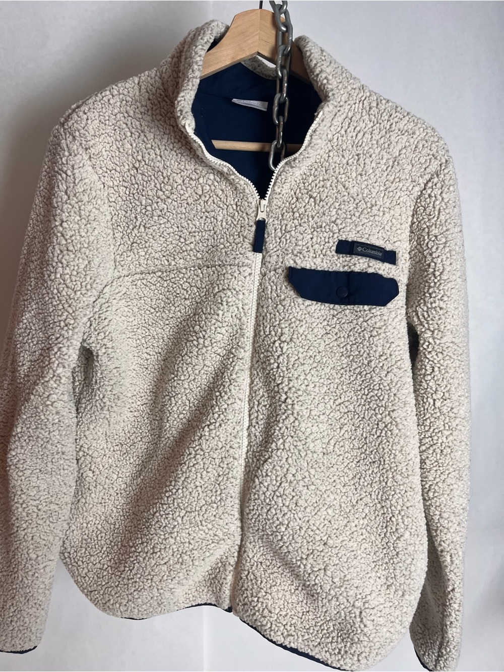 Columbia Cream Sherpa Teddy Jacket with Navy Trim